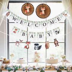 Woodland Baby Shower Banner Kit, Welcome Baby Woodland Baby Shower Banner with Woodland Animals, Paper Rosettes, Fox Cutouts