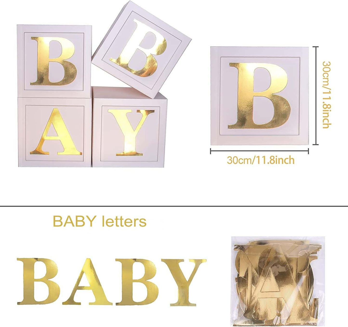 White Boxes for baby shower with gold BABY Letters, Baby Shower Decorations, Gender Reveal, Balloon BABY Shower Boxes, Photo Prop, Gold