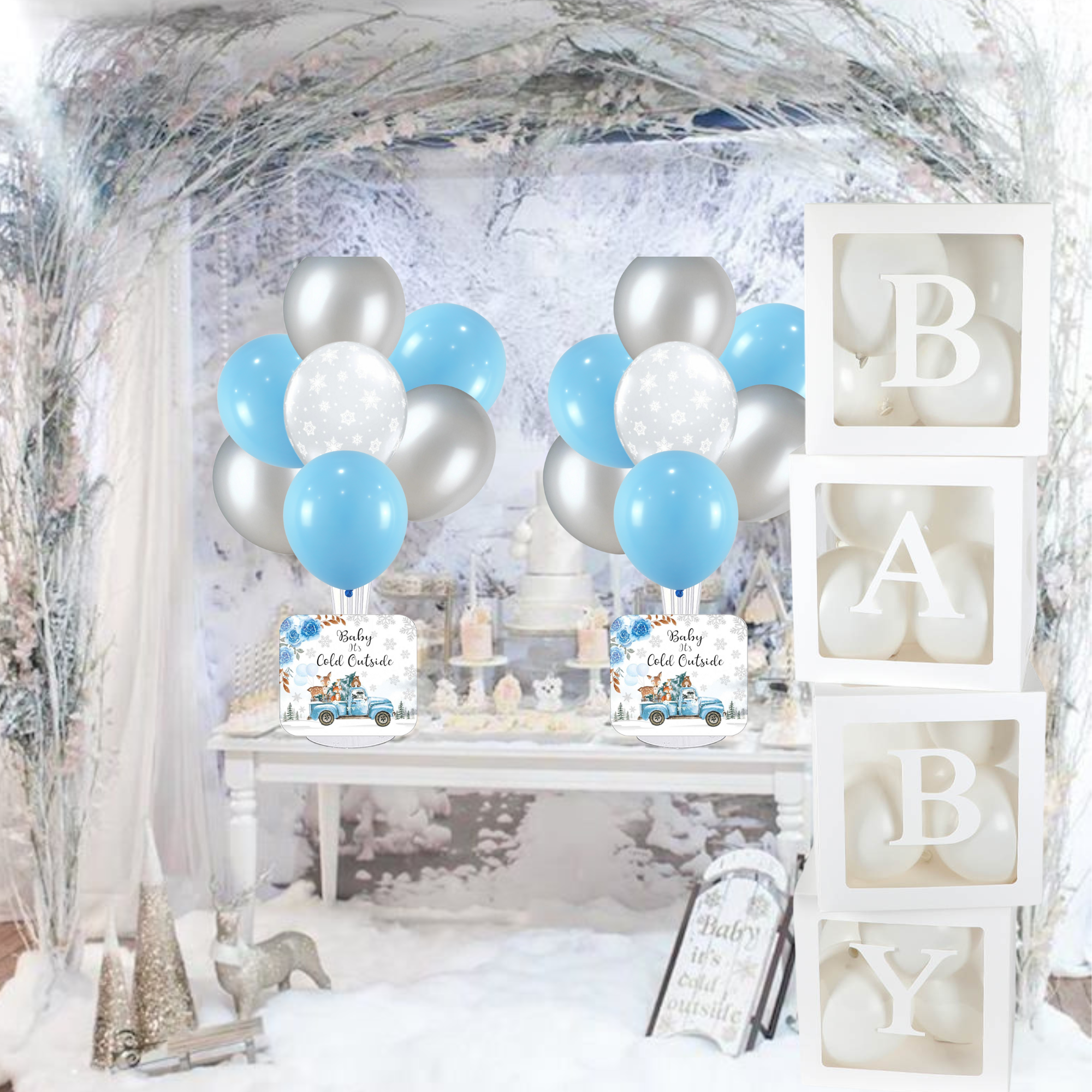 Baby It's Cold Outside Balloon Centerpieces, Baby It's Cold Outside Baby Shower for Boys, Woodland Winter Baby Shower