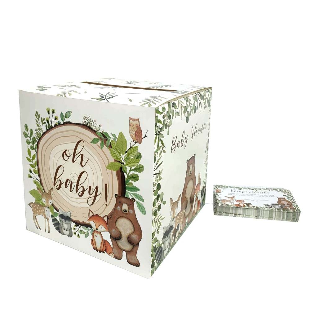 Woodland Animals Diaper Raffle Baby Shower Box, Woodland Baby Shower Diaper Raffle Box with Cards, Diaper Raffle Box, Baby Shower Decoration