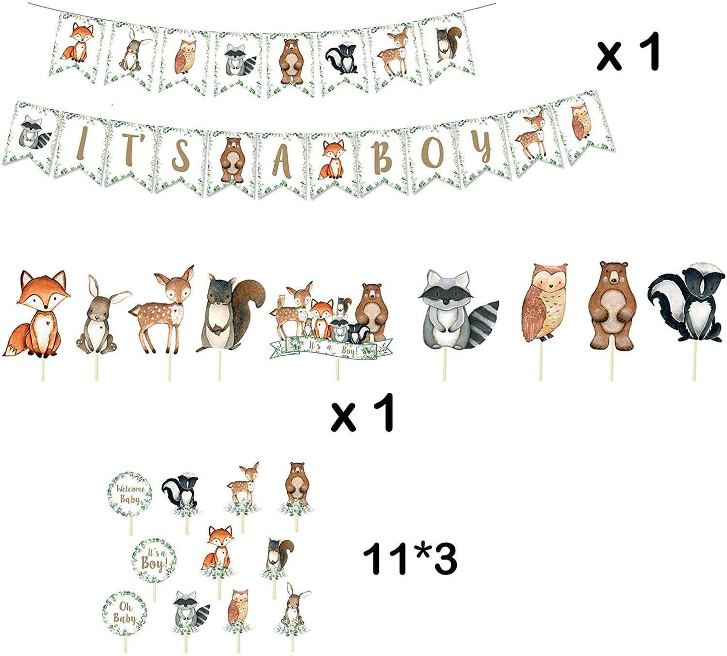 Woodland Baby Shower Decorations, Woodland Animals Cupcake Toppers, Cake Topper, It's a Boy Banner, Rustic Decor