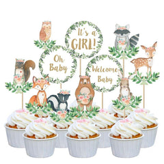 33 Woodland Animals Cupcake Toppers for Girls, Oh Baby Woodland Cupcake Toppers, Welcome Baby Cupcake Toppers, Its a Girl Cupcake Toppers