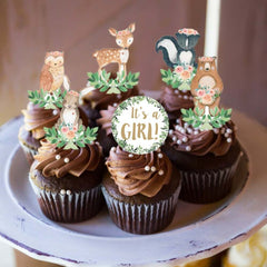 33 Woodland Animals Cupcake Toppers for Girls, Oh Baby Woodland Cupcake Toppers, Welcome Baby Cupcake Toppers, Its a Girl Cupcake Toppers