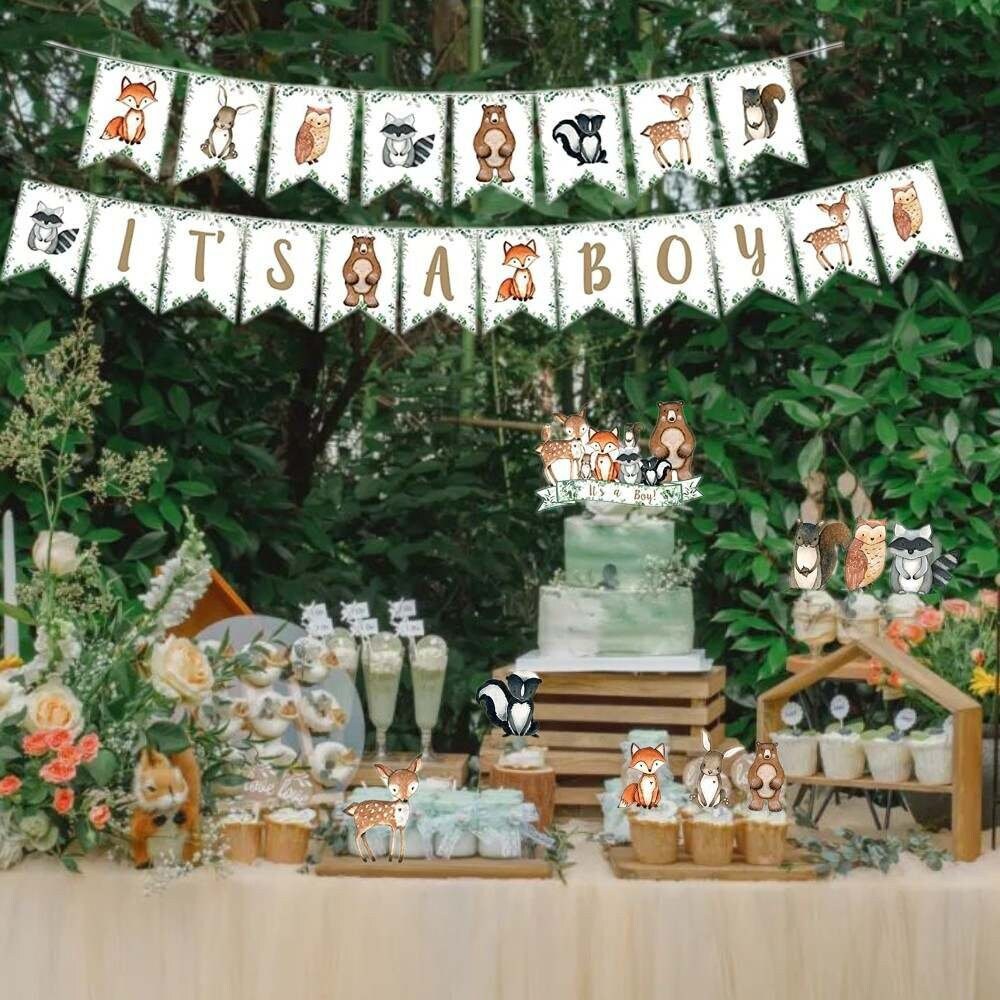 Woodland Baby Shower Decorations, Woodland Animals Cupcake Toppers, Cake Topper, It's a Boy Banner, Rustic Decor