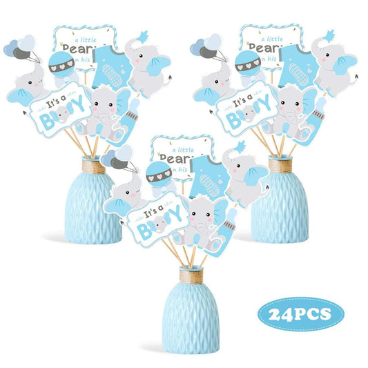 Elephant Baby Shower Centerpieces in Blue and Gray (24 pieces) - Elephant Party Decorations DIY