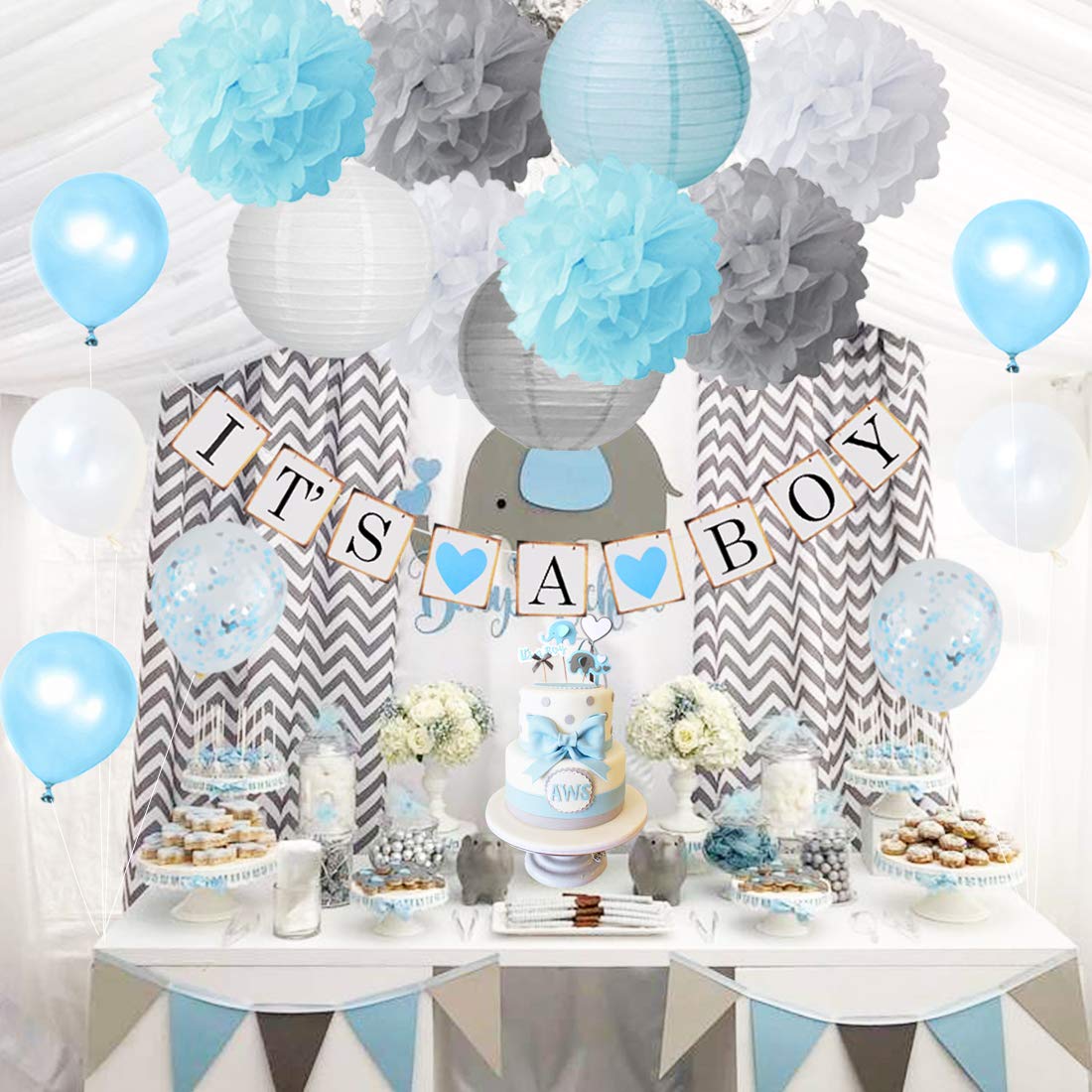 Elephant Baby Shower Party Package in Blue and Gray, Elephant Baby Shower Decorations-Little Peanut-Virtual Baby Shower